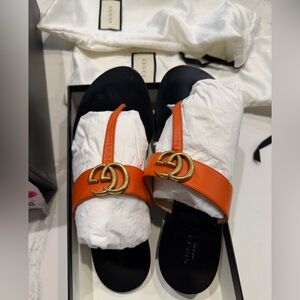 Gucci Marmont Double G Orange Leather Sandals sz 40 * AUTHENTIC*